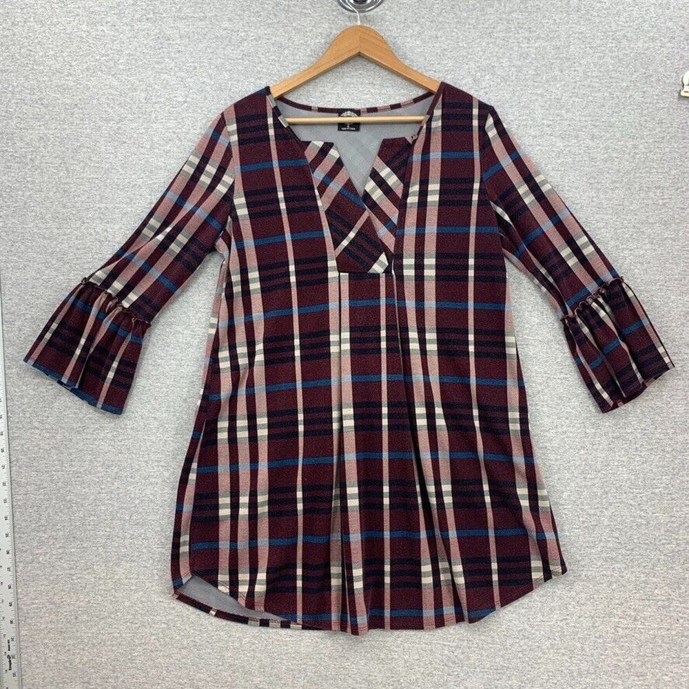 Calstyle Blouse Womens Small Maroon Plaid V Neck Tunic Top Bell Sleeve Casual